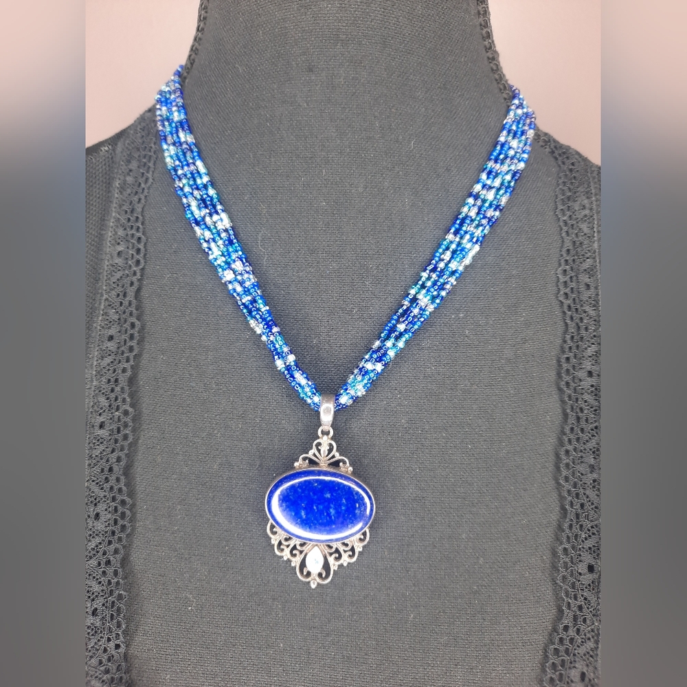 Blue Beaded Necklace with Silver Pendant